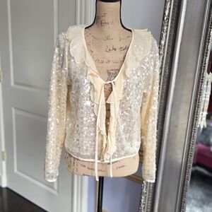 J. Crew Cream Sequin Ruffle Tie-Front Cardigan